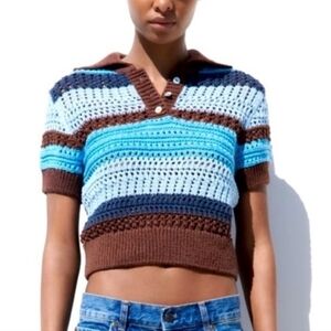 Zara Brown and White Polo Crop Top, Small